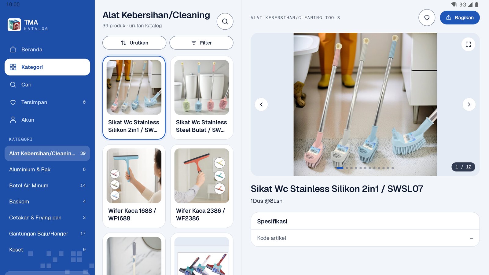 The TMA Katalog app on a tablet: categories, product list and product details on one screen